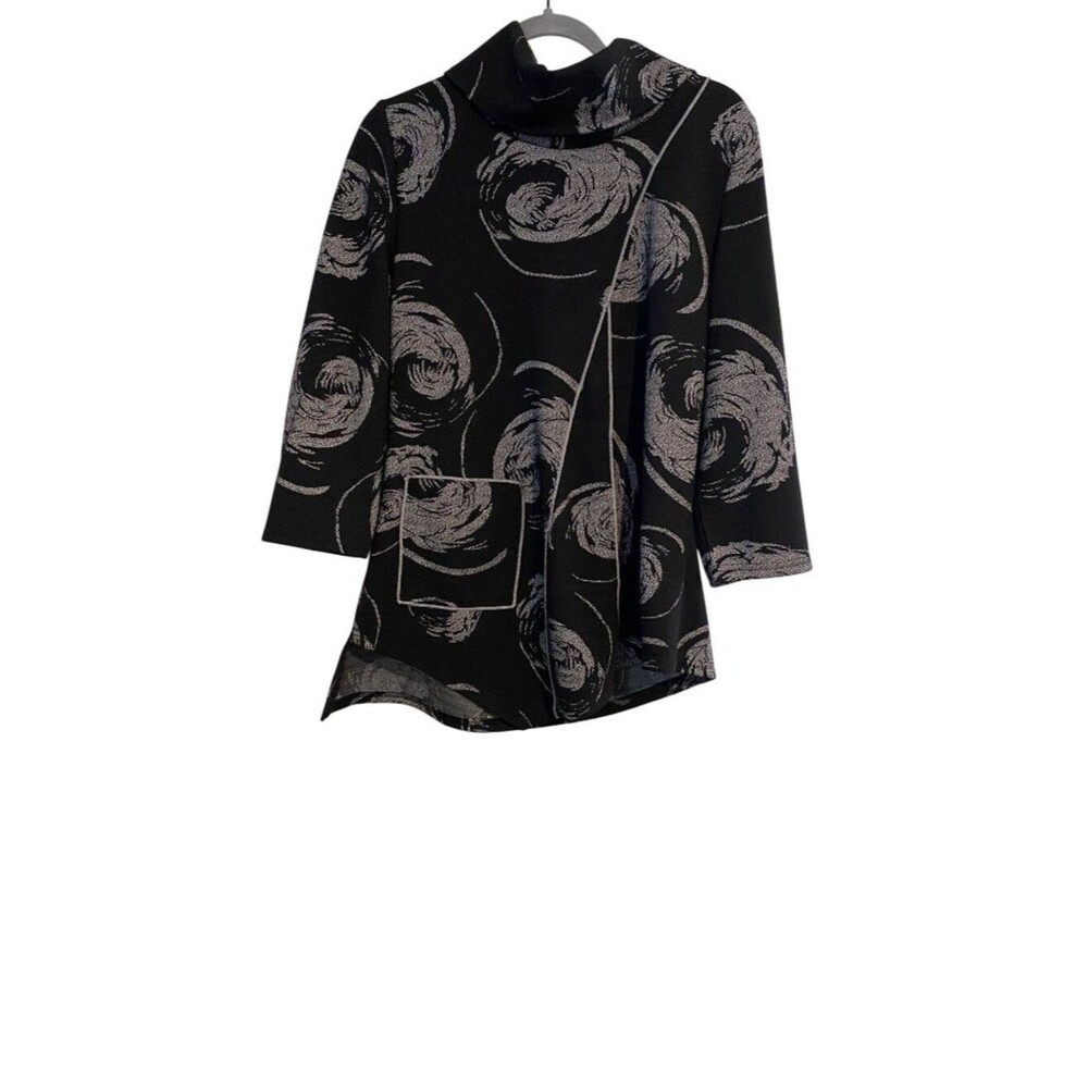 Feratelli Women's L Black Gray Tunic Top Pullover Cowl Neck Abstract Lagenlook